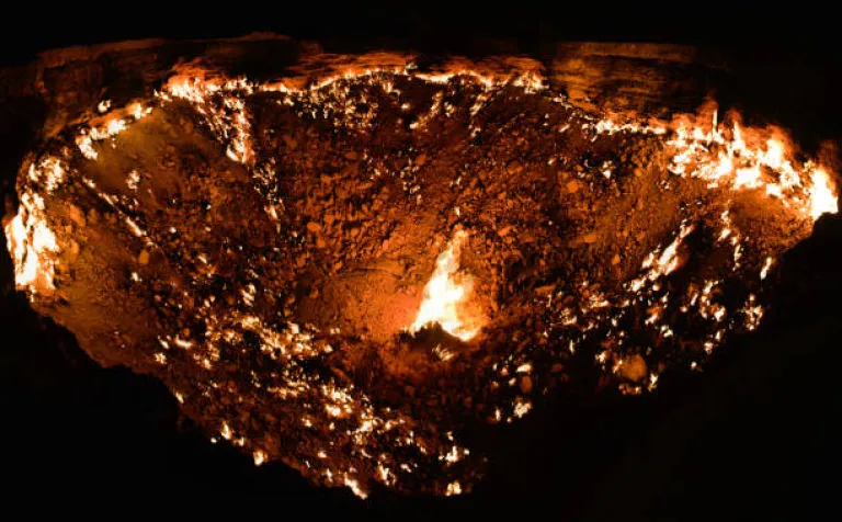 Darvaza gas crater, also known as the Gates of Hell at night