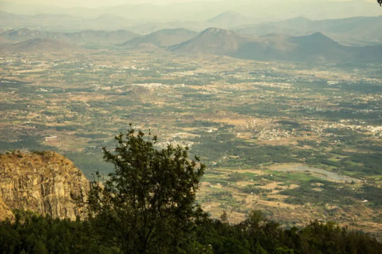 Scenic view of the landscape of the plains and the salem city from a Pagoda Point in Yercaud, Tamil Nadu