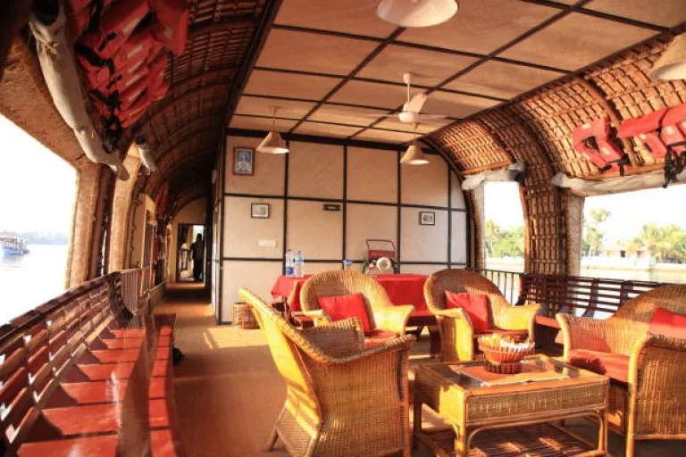 Houseboat interior and Kerala backwaters