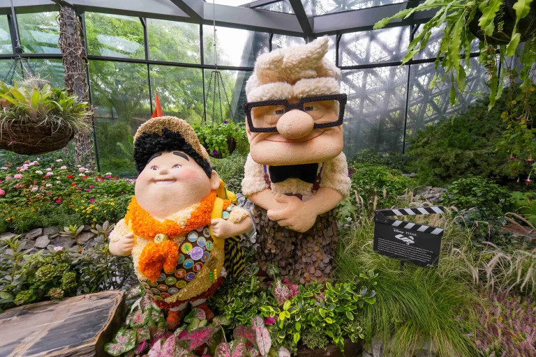 Topiary set of Carl Fredricksen, Russell, and Dug from Up at Garden of Wonder, Floral Fantasy