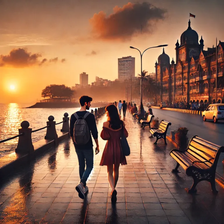 romantic walk at Bandstand in Mumbai, capturing the serene beauty of the golden hour