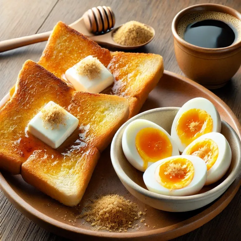 Singaporean Kaya Toast with Soft-Boiled Eggs.