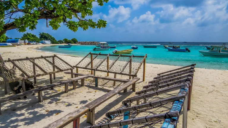 Traditional Maldivian resting seats at a beach in Villingili Island