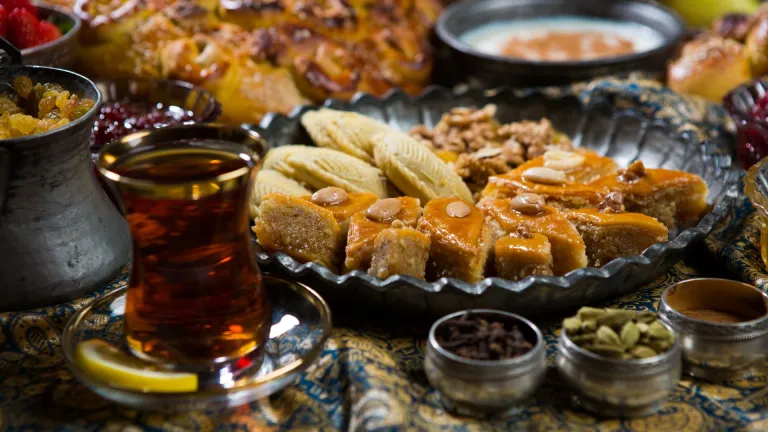 Tea with Pakhlava (puff pastry with honey and nuts)