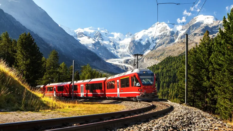 Bernina Express going through the Swiss Alps