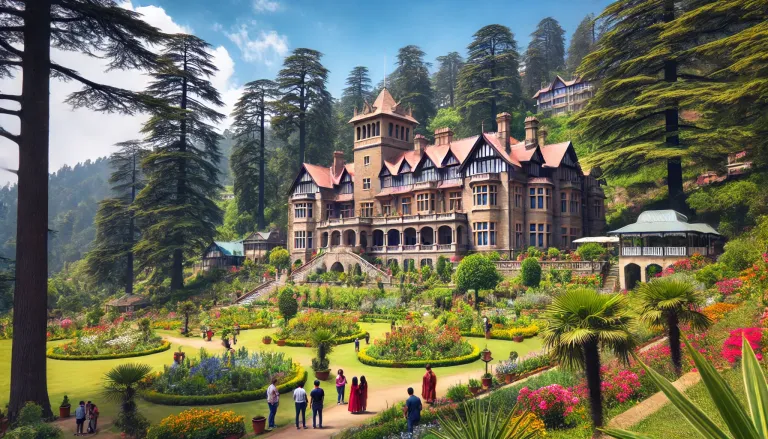 Viceregal Lodge in Shimla, showcasing its grand colonial architecture surrounded by lush gardens.