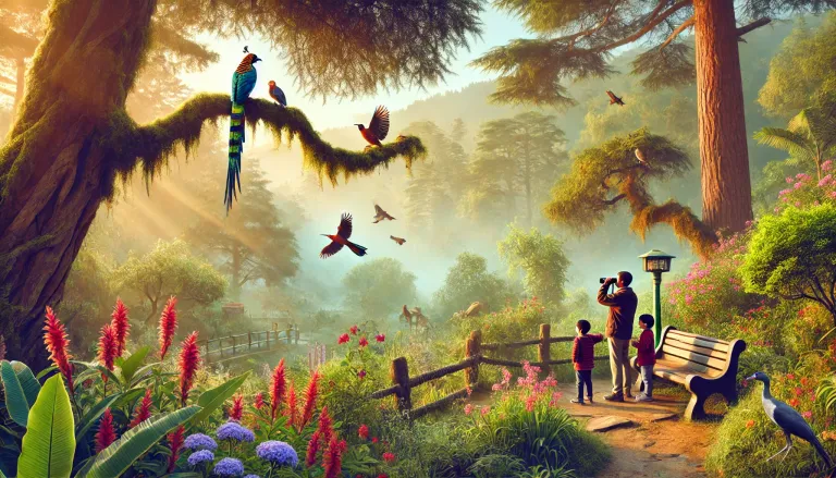 The serene morning scene at the Himalayan Bird Park in Shimla, capturing the beauty of nature and birdwatching.