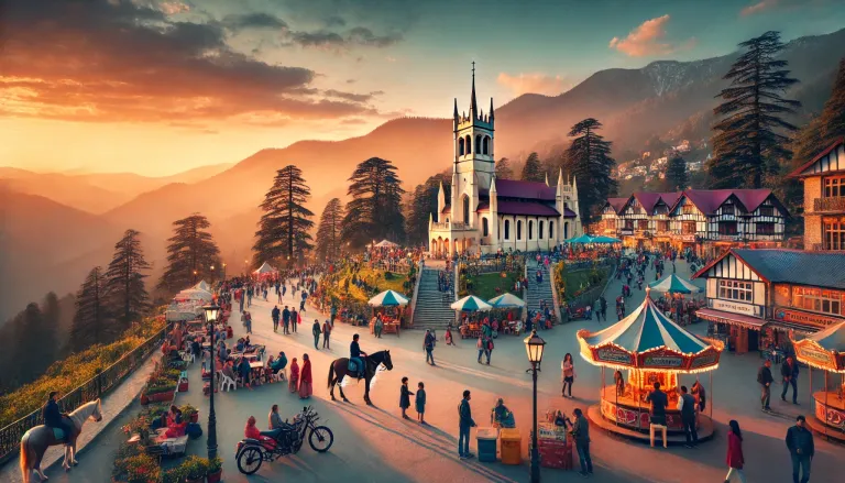The Ridge in Shimla during sunset, capturing the lively atmosphere with families strolling, horse rides, and stunning views of Christ Church and the surrounding mountains.
