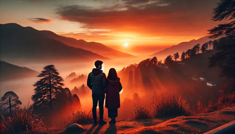 A romantic couple watching the sunrise at Scandal Point in Shimla.