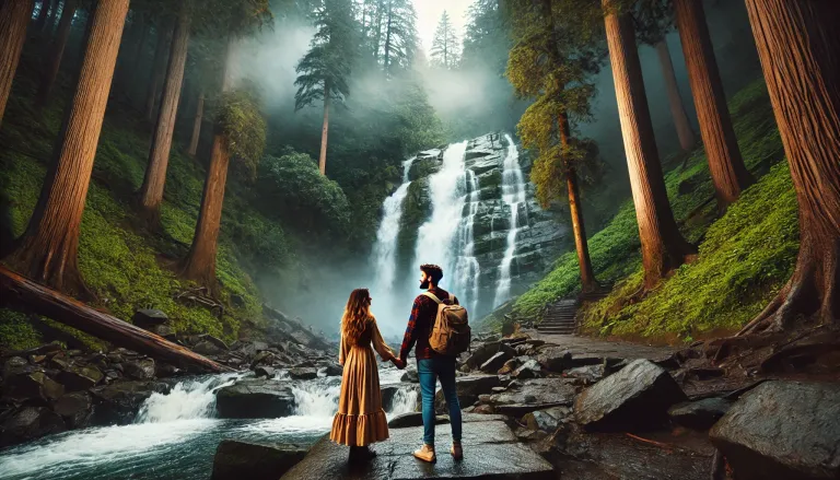 Couple standing near Chadwick Falls in Shimla.