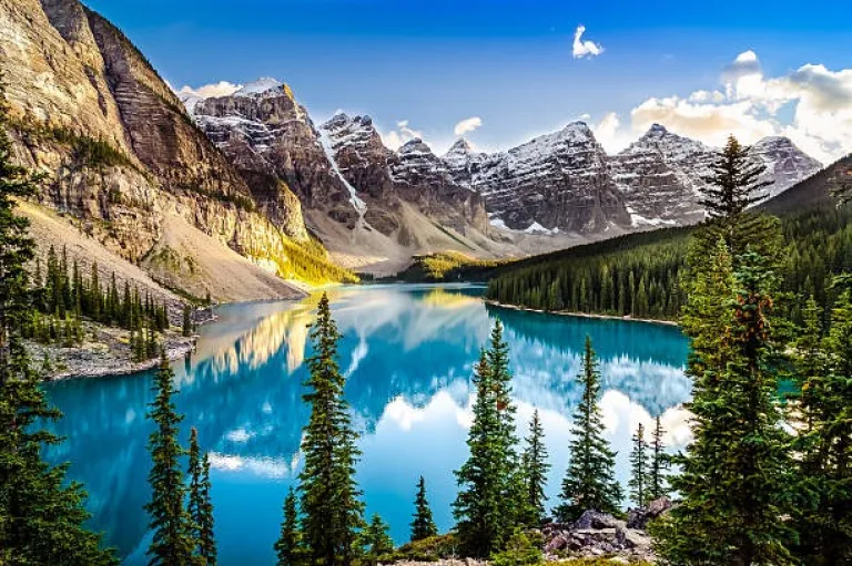 Landscape sunset view of Morain lake and mountain in Canada