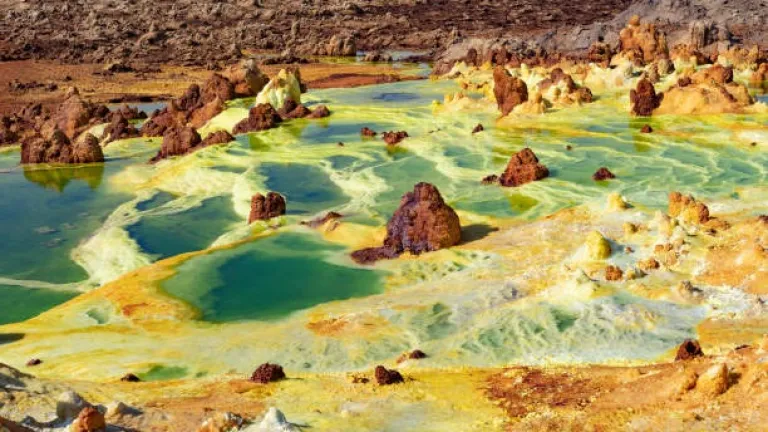 Acid ponds in Dallol site in the Danakil Depression in Ethiopia, Africa