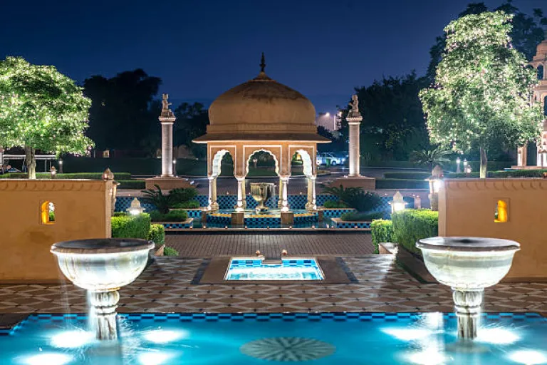Indian hotel resort evening scene in Prayagraj
