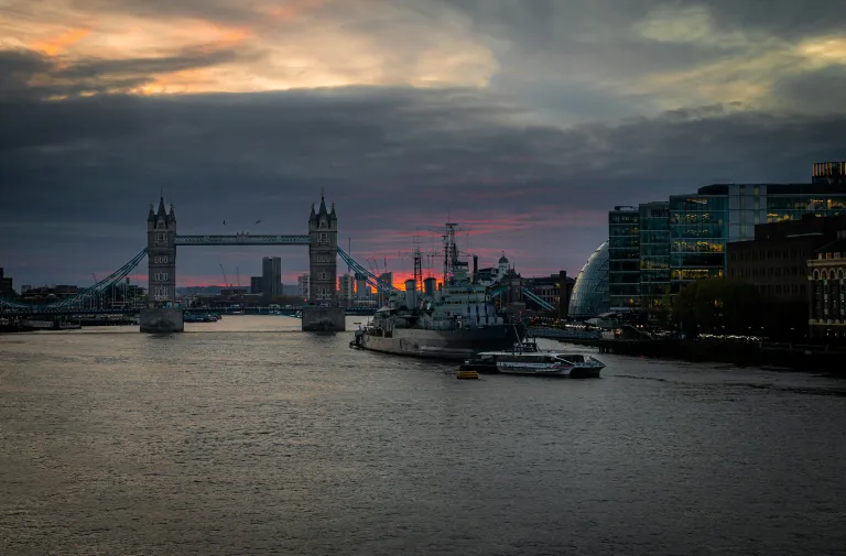 Free Captivating sunset view over Tower Bridge, with the River Thames and cityscape in London, UK. Stock Photo