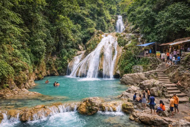 Neer Garh Waterfall surrounded by green forest near Rishikesh.