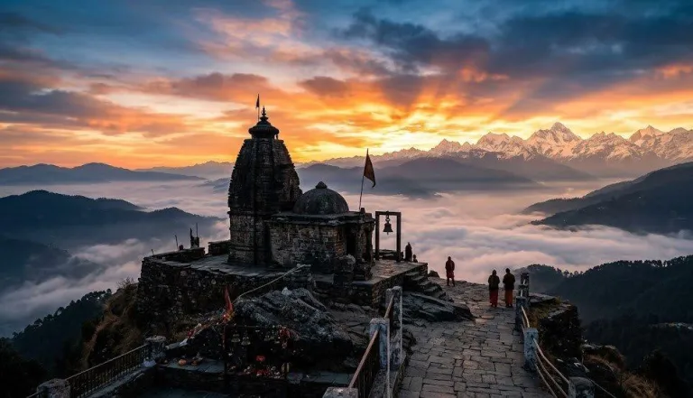 Kunjapuri Temple overlooking the Himalayan foothills at sunrise.