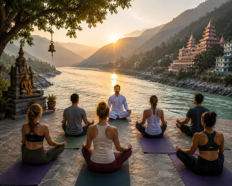 An early morning meditation session at a yoga centre in Rishikesh.