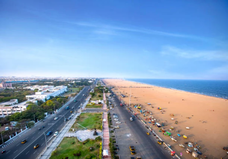 Marina Beach, located in Chennai, Tamil Nadu, India, stretches along the Bay of Bengal coastline.