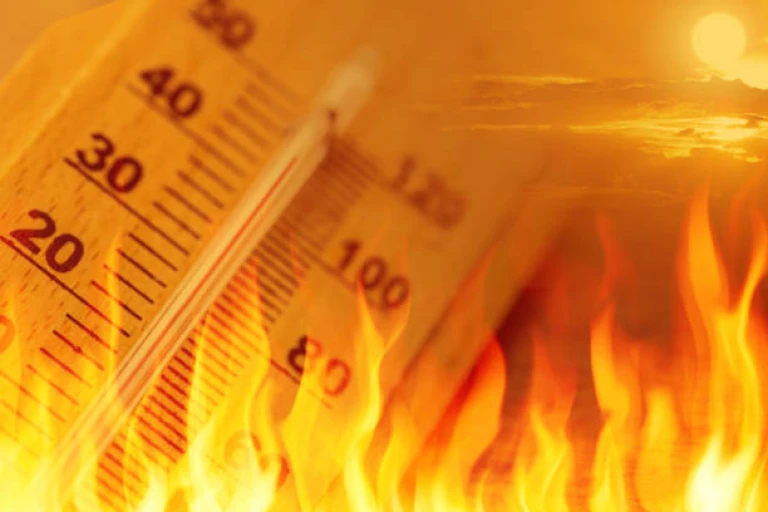 Global warming climate change sign high temperature thermometer fire concept 