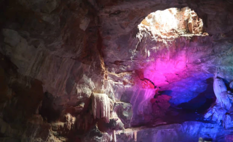 Inside view of Borra Caves formed by solidified stalactites and stalagmites in the karstic limestones formation