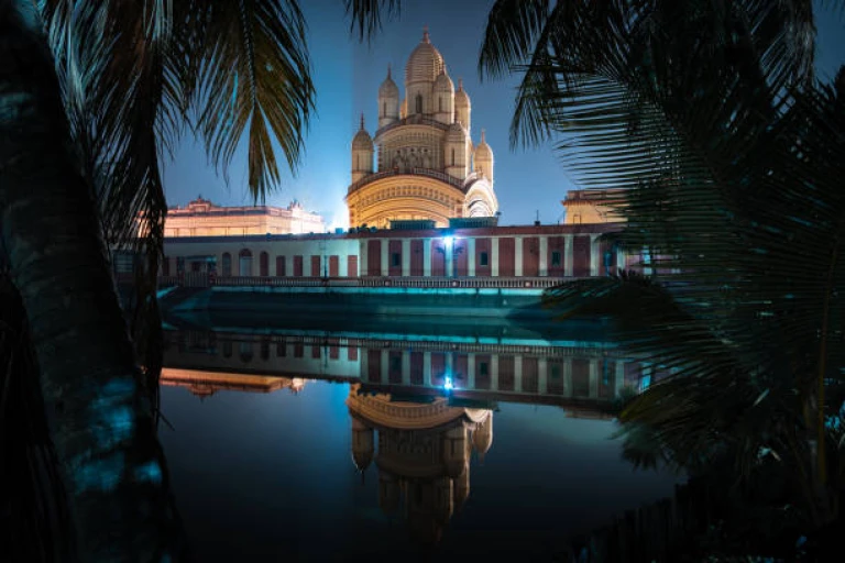 Dakshineswar Kali Temple Illuminated at Night in Kolkata, West Bengal, India