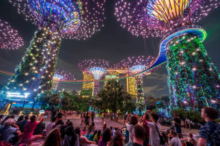 Tourists watching the Garden Rhapsody Light and Sound Show at Gardens By The Bay in Singapore