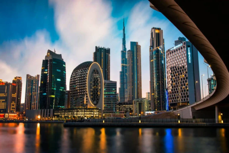 Dubai skyline view from the Marasi marina in city Business bay downtown area in the UAE