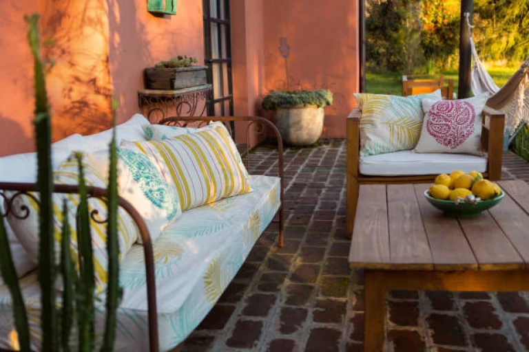 Exterior gallery in rural hotel at sunset 