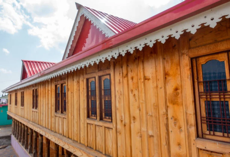 Sight of a vintage house, Garhwal architecture, carved from Deodar Cedar in rural Uttarakhand, India